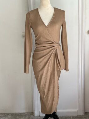 Mango Camel Wrap-Detail Long Sleeve Midi Dress